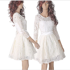 Wedding party dress , simple wedding dress, reception, cocktail lace dress , ivory color with 3/4 sleeves