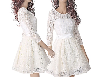Vestido de fiesta de boda de encaje color marfil: Vestido de cóctel con mangas 3/4
