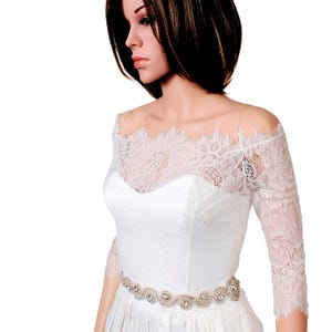 Wedding off shoulder bolero , Bridal lace cover up  with 3/4  sleeve custom color, bridal jacket, shrug