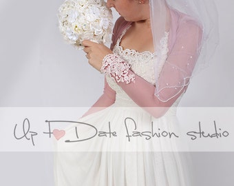 Bridal blush pink cover up , wedding  tulle bolero beautiful  lace cuffs
