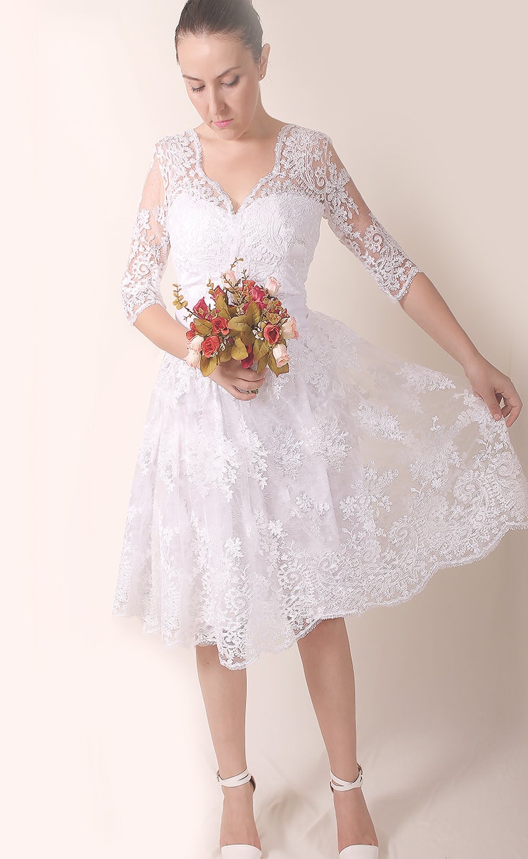 Plus Size wedding lace short dress with sleeve wedding party | Etsy