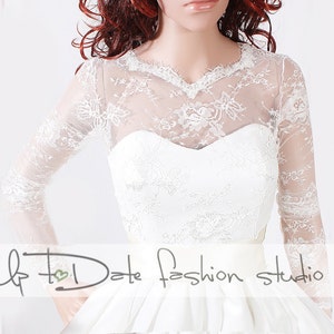 Wedding lace cover up , Bridal  lace top with deep-v in back long sleeve/made to order