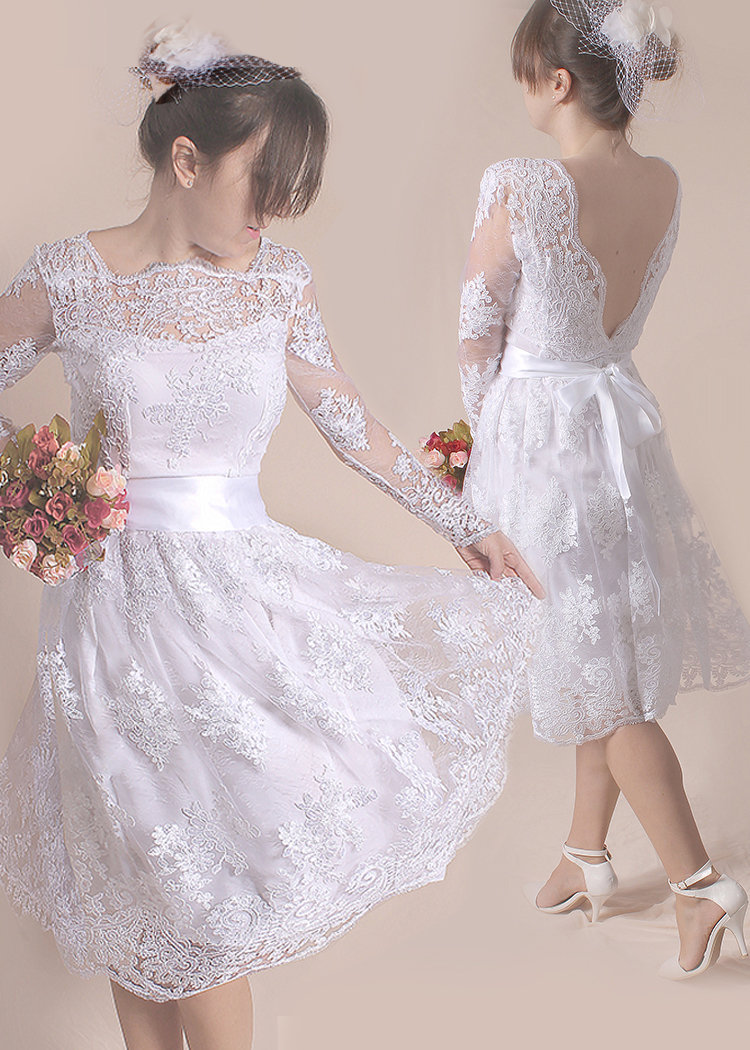 Short Lace Wedding Dress Bridal Gown With Sleeve And Open Etsy Ireland