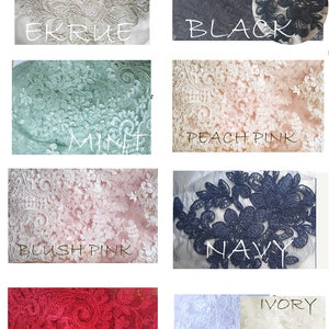 K&ouml;nnte beinhalten: Eine Collage aus 10 Stoffmustern, die verschiedene Spitzenmuster und -farben zeigen. Die Farben sind: Ecru, Schwarz, Mint, Pfirsichrosa, Blushrosa, Marineblau, Rot, Elfenbein und Wei&szlig;.