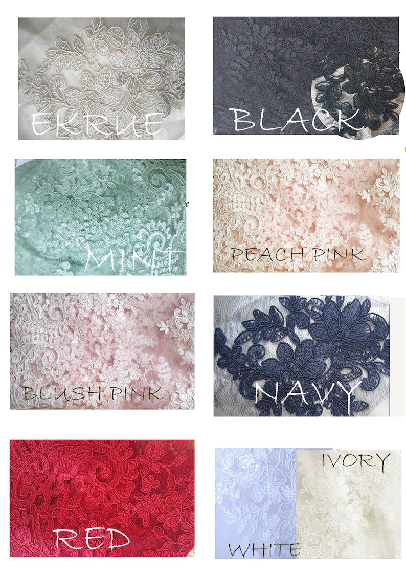 K&ouml;nnte beinhalten: Eine Collage aus 10 Stoffmustern, die verschiedene Spitzenmuster und -farben zeigen. Die Farben sind: Ecru, Schwarz, Mint, Pfirsichrosa, Blushrosa, Marineblau, Rot, Elfenbein und Wei&szlig;.