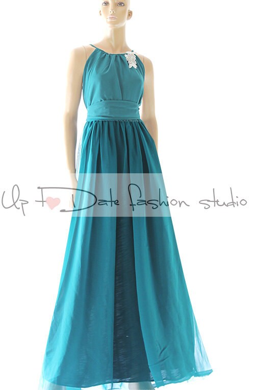 Full Skit Chiffon Bridesmaid Dress with Y Neck Emerald