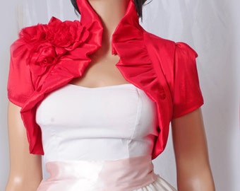 Bridal taffeta cover up, red wedding bolero, shrug custom color, wrap, wedding jacket, bridesmaid cover up, handmade flowers