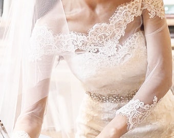 Bridal tulle cover up, Off-Shoulder wedding lace  bolero with long sleeve, wrap ,ivory shrug