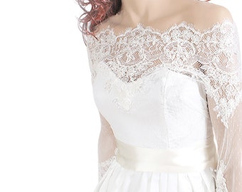 Off-Shoulder lace wedding bolero, bridal cover up, custom made lace jacket, wedding shrug, wrap