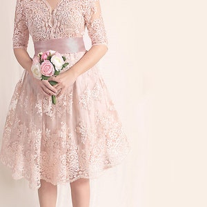 Blush pink lace short wedding dress, custom made beach wedding bridal gown V front with sleeves image 6