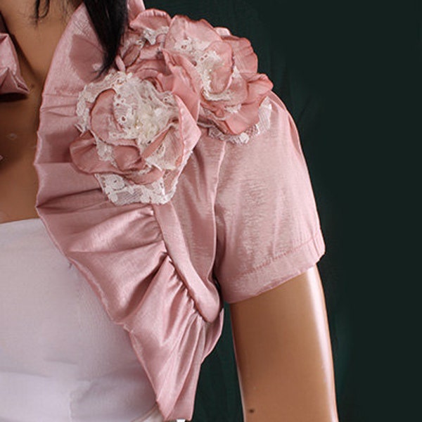 Bridal taffeta cover up, blush pink  shrug, short sleeve bridesmaid  bolero, shrug with handmade flowers