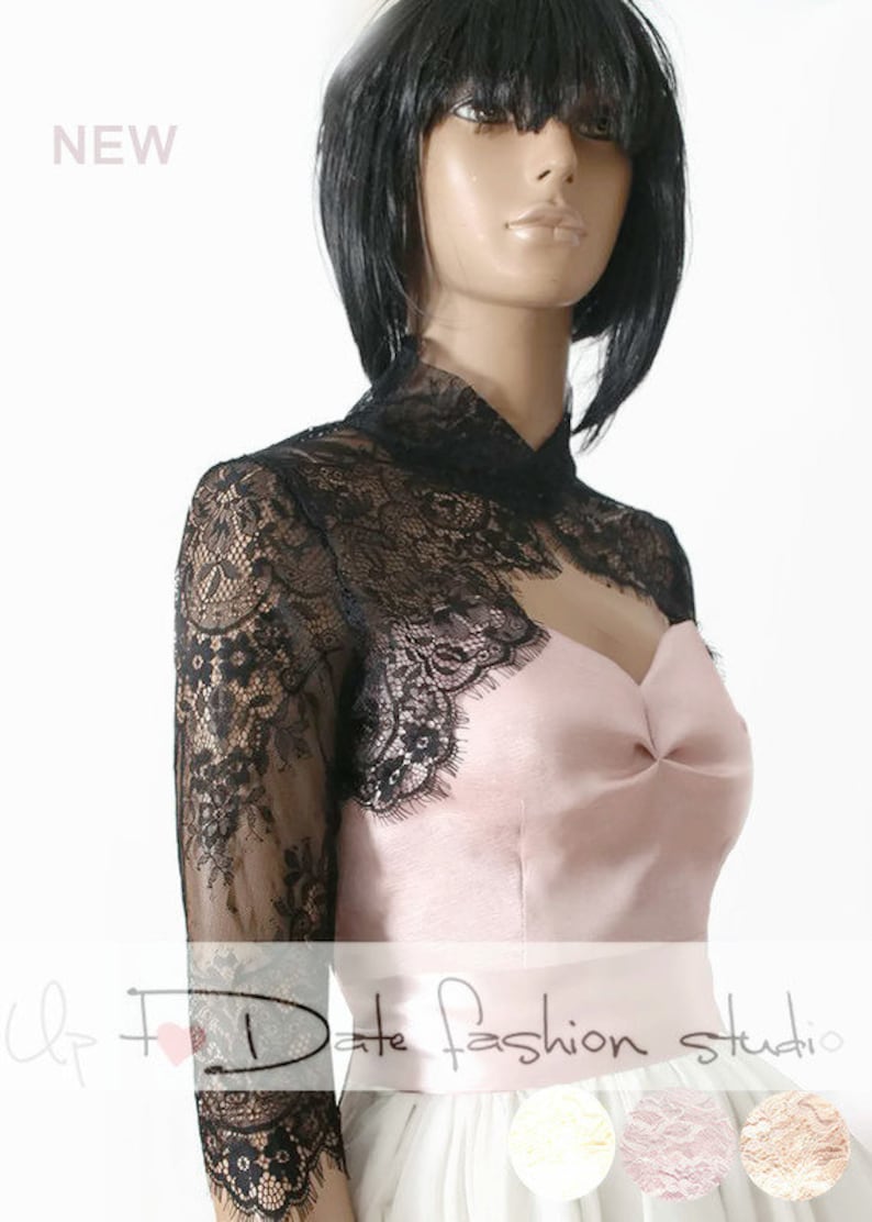 Plus size black Bridal lace shrug wedding accessories Gothic lace wedding bolero with 34 sleeve