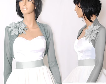 Wedding tulle cover up, gray color  bridal long sleeve jacket, stretchy tulle wrap