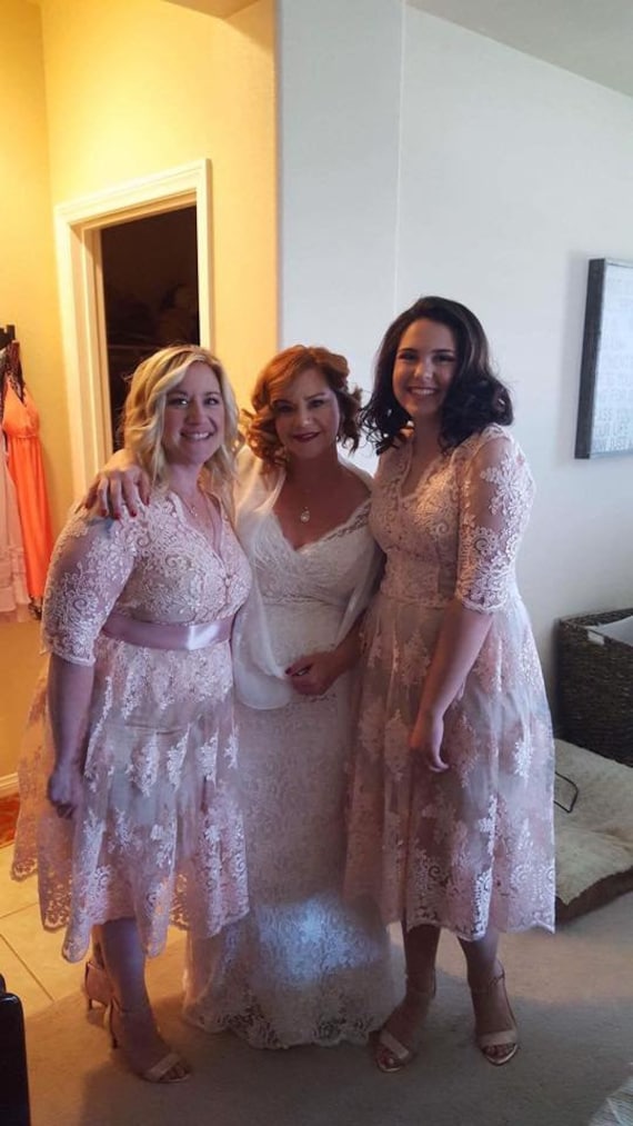 Plus Size Lace Short Dress / Blush Pink Wedding Party Gown