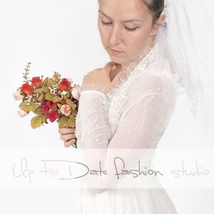 Wedding tulle lace cover up , ivory delicate polka dot stretchy tulle jacket with long sleeve