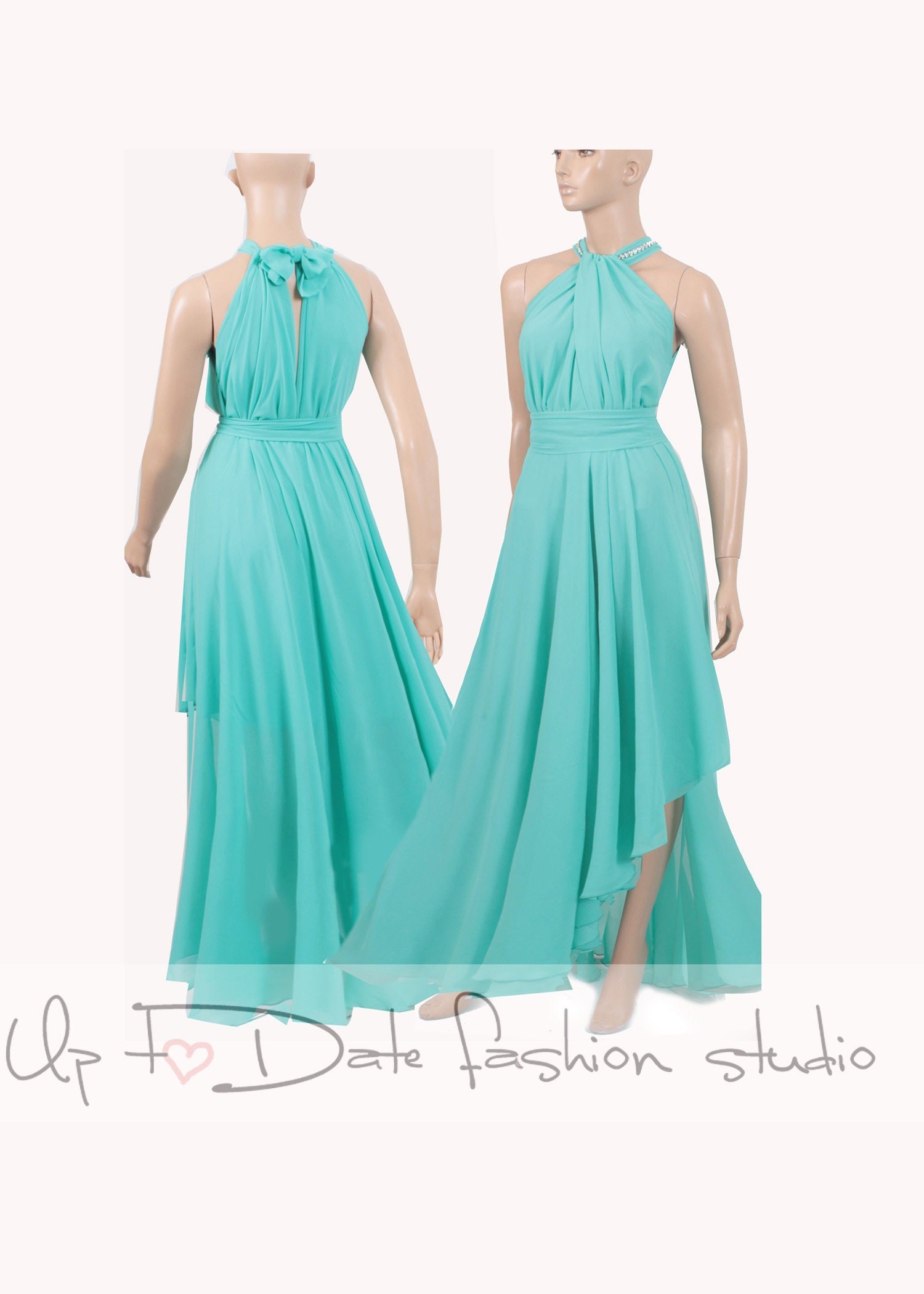 Bridesmaid chiffon long turquoise color dress, wedding party maxi romantic halter dress Bridesmaid chiffon long turquoise color dress, wedding party maxi romantic halter dress