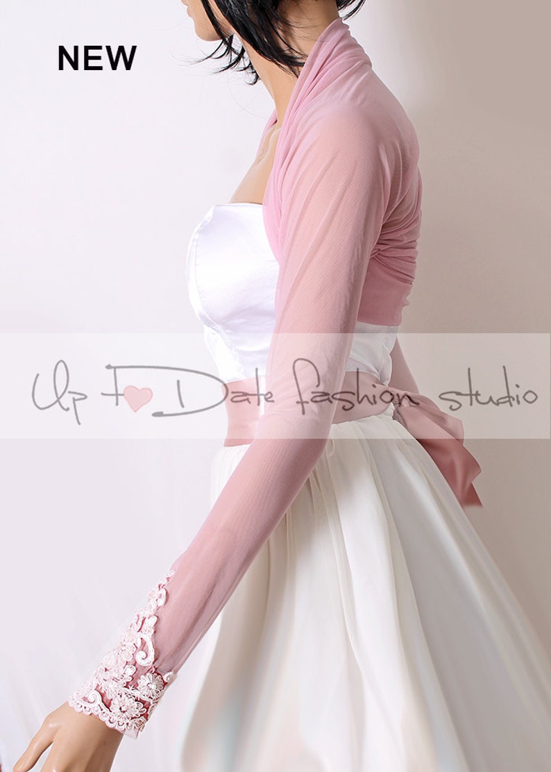 Bridal tulle blush pink bolero, jacket, custom color long sleeves wedding bolero, cover up image 3