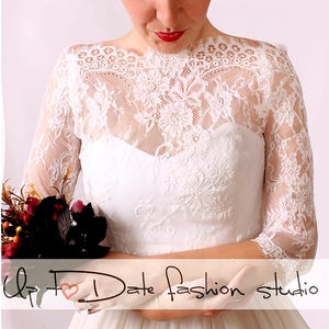 Off-Shoulder bridal  bolero ,off white lace wedding cover up  with 3/4 sleeve / custom made