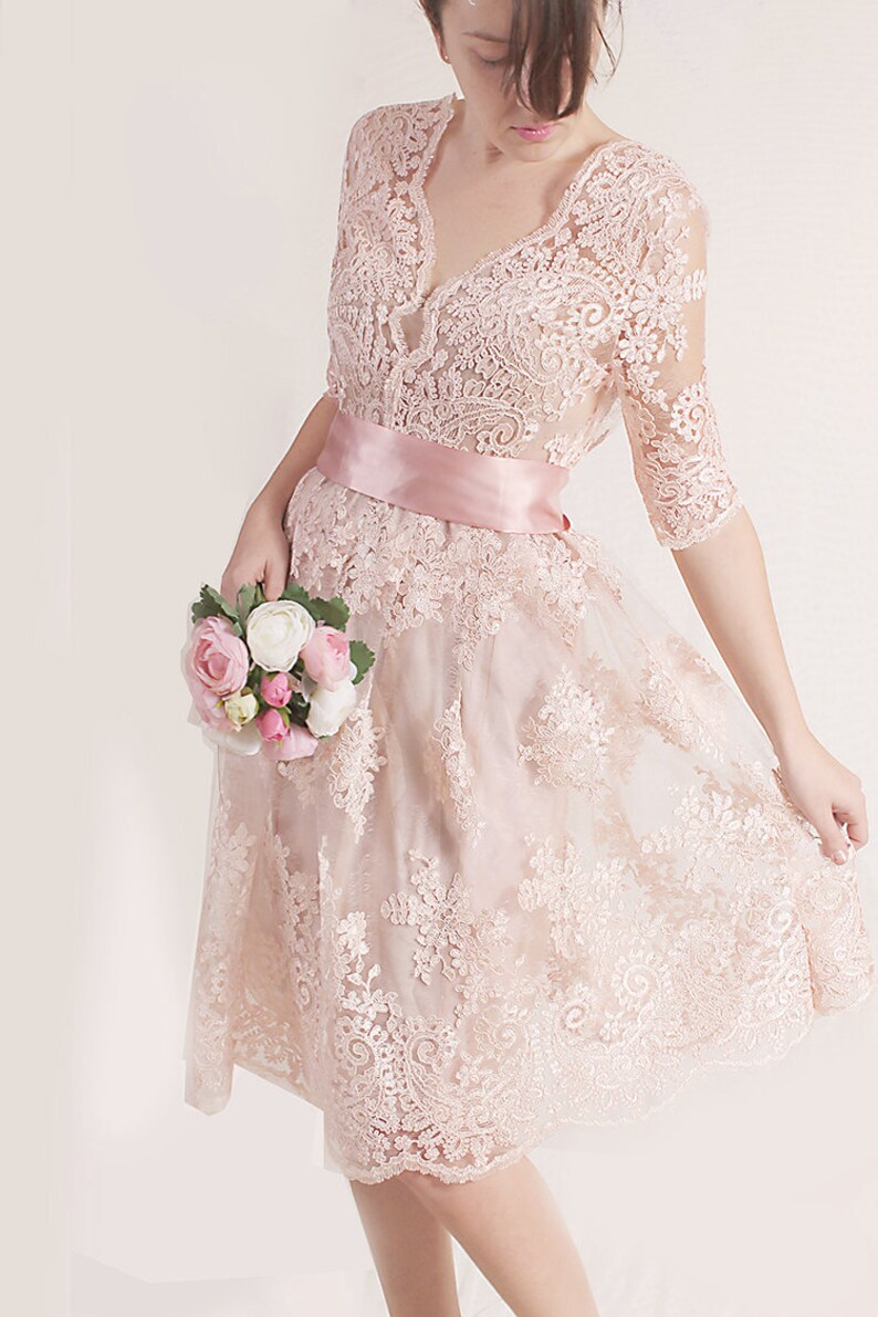 Bridesmaid blush pink lace dress knee length wedding party Etsy