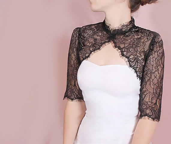 Plus size black Bridal lace shrug wedding accessories Gothic lace wedding bolero with 34 sleeve