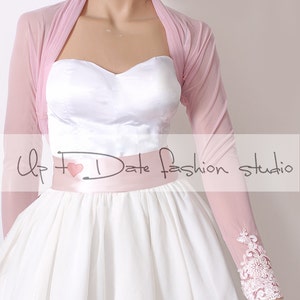 Bridal tulle blush pink bolero, jacket, custom color long sleeves wedding bolero, cover up image 4