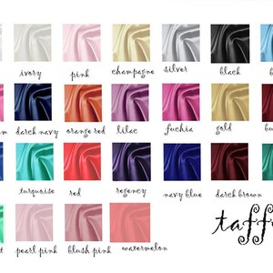 May include: A color chart of 24 different colors of taffeta fabric. The colors are arranged in four rows of six colors each. The colors are: white, ivory, pink, champagne, silver, black, blue, light plum, dark navy, orange red, lilac, fuchsia, gold, burgundy, royal, turquoise, red, regency, navy blue, dark brown, hunter, mint, pearl pink, blush pink, and watermelon.