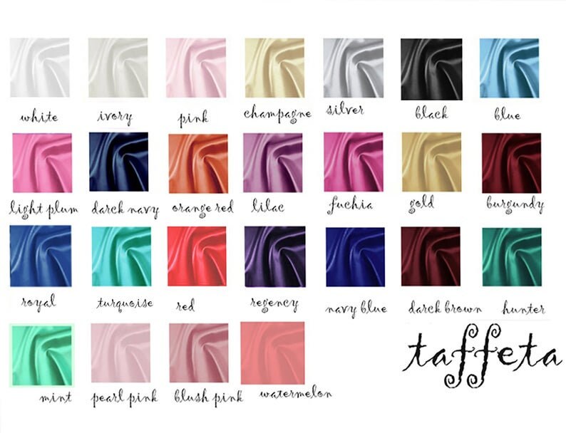 May include: A color chart of 24 different colors of taffeta fabric. The colors are arranged in four rows of six colors each. The colors are: white, ivory, pink, champagne, silver, black, blue, light plum, dark navy, orange red, lilac, fuchsia, gold, burgundy, royal, turquoise, red, regency, navy blue, dark brown, hunter, mint, pearl pink, blush pink, and watermelon.