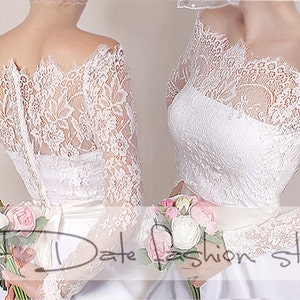 lechosa bolero de la boda blanca / francés Chantilly Lace / encogimiento de hombros de la manga larga Off-hombro de novia / chaqueta