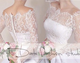 Off-Shoulder melkwit bruiloft bolero / Franse Chantilly Lace / bruids schouders / jas met lange mouwen
