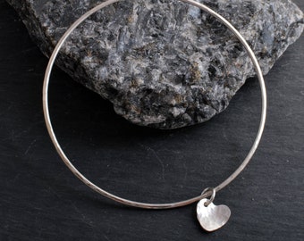 Handmade Sterling silver flat hammered bangle silver heart charm 925 silver stacking bangle bracelet