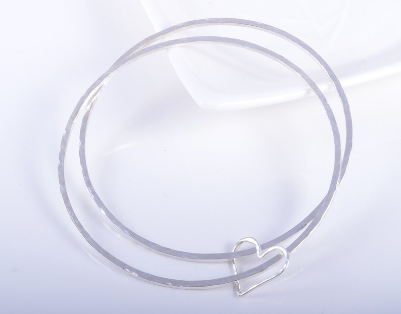 Silver bangle twin set sterling silver square hammered twin set duo heart 925 silver stacking bangle