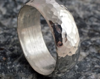 Sterling silver solid 8mm D-shaped hammered ring 925 handmade in the UK