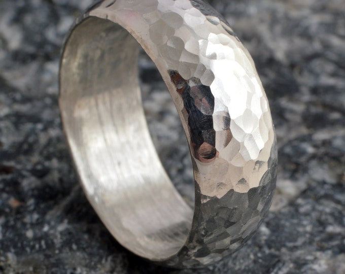 Sterling silver solid 8mm D-shaped hammered ring 925 handmade in the UK