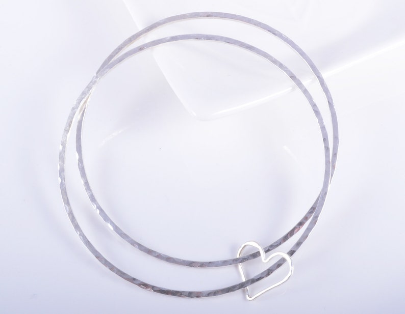 Silver bangle twin set sterling silver square hammered twin set duo heart 925 silver stacking bangle