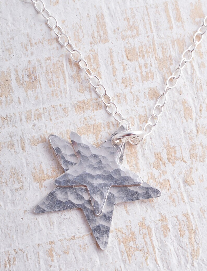 Star Necklace Sterling Silver Hammered Star Duo Necklace Etsy