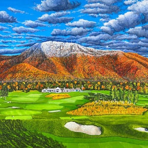 May include: A painting of a golf course with a white building in the background. The course is green and the building is surrounded by trees. In the distance, a mountain with snow on the peak is visible. The sky is blue with white clouds.