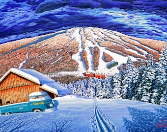 Bromley Mountain - retro painting with VW bus and the old lodge built by Fred Pabst and X-country ski tracks