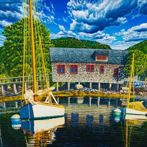 Southwest Harbor - inspired painting but could be any New England cove or bay with two sailboats and a lobster shack