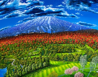 Stratton the Seasons - painting depicting all four seasons of Vermont spring, summer, fall and winter with the golf club