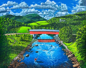 Fly Fishing depicting a fisherman in a river near a covered bridge with green mountains and spring flowers