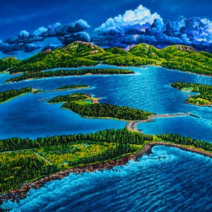 Cranberry Islands - an aerial view of Acadia National Park with lightening brightening the night sky