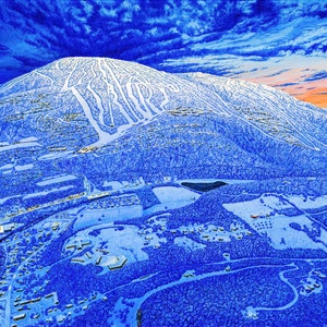 May include: An aerial view of a snow-covered mountain with ski runs and a town at the base. The sky is a vibrant blue with white clouds and a pink and orange sunset.