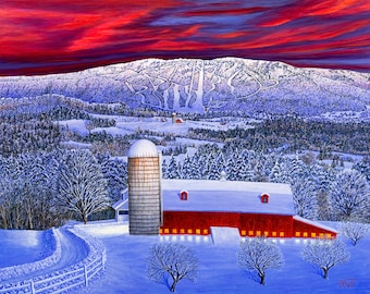 Magic Mountain - painting of red barn with the ski area getting last light in a brilliant red sunset