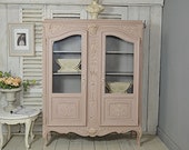 Glazed Antique Blush Pink French Provencal Vitrine Cabinet - FREE UK DELIVERY