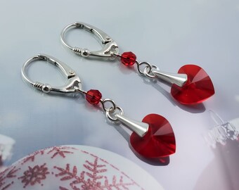 Sterling Silver Earrings with Red Swarovski Xilion Heart Crystals