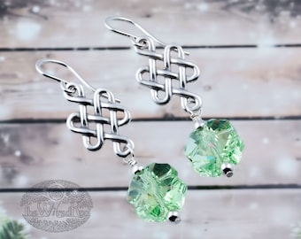 Sterling Silver Celtic Knot Clover Earrings with Peridot Swarovski Crystals