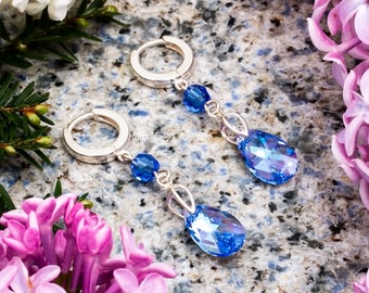 Sterling Silver Leverback Earrings with Light Sapphire Swarovski Teardrop Crystals