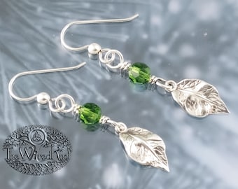 Sterling Silver Leaf Earrings with Fern Green Swarovski Crystals