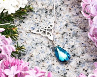 Sterling Silver Trinity Knot Necklace Swarovski Bermuda Blue Teardrop Crystal