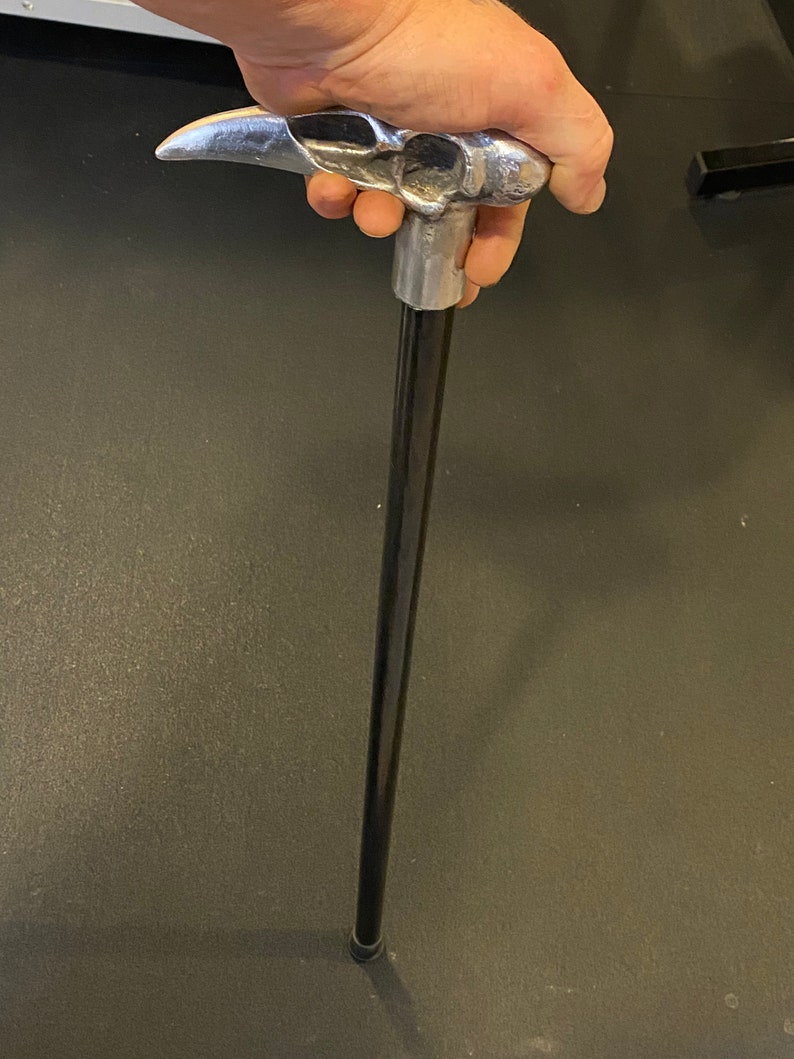 May include: A black walking stick with a silver skull-shaped handle.